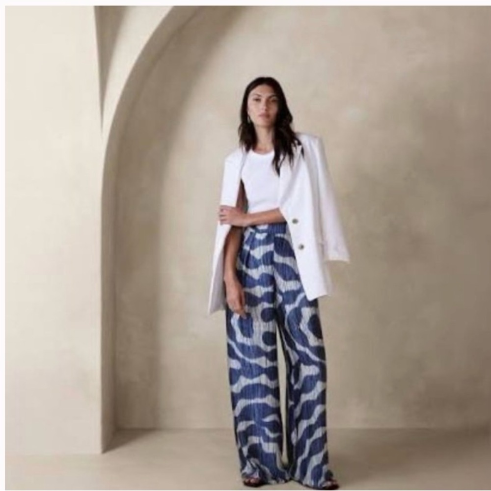 Banana Republic Factory Satin Wide-Leg Pant Blue Print Design Size 0